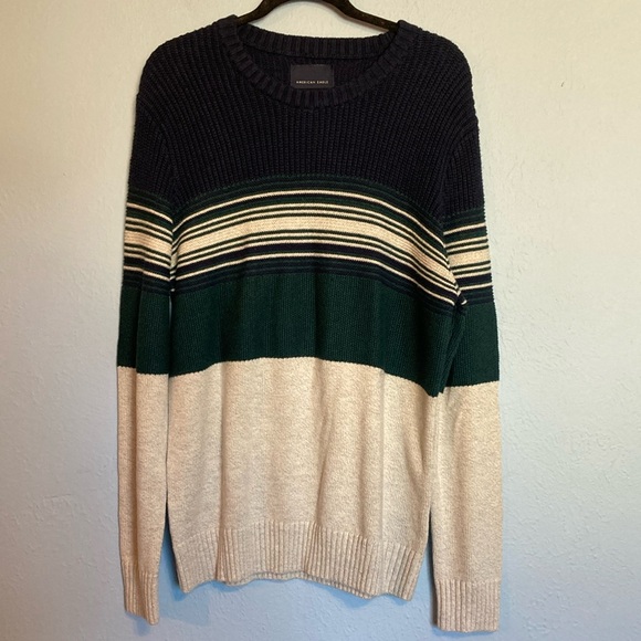 American Eagle Mens Size L Chunky Sweater Striped Colorblocked Green Blue Grey - Picture 1 of 14
